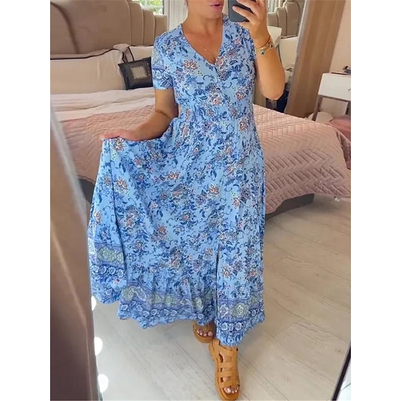 Women's Long Dress Maxi Dress Casual Dress Swing Dress A Line Dress Summer Dress Stylish Casual Vacation Daily Regular Fit Floral Short Sleeve V Neck Pink Green Light Blue Summer
