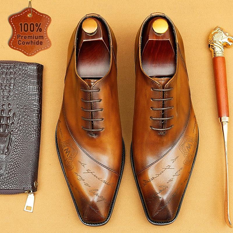 Men's Dress Shoes Leather Italian Full-Grain Cowhide Comfortable Slip Resistant Lace-up Black Brown