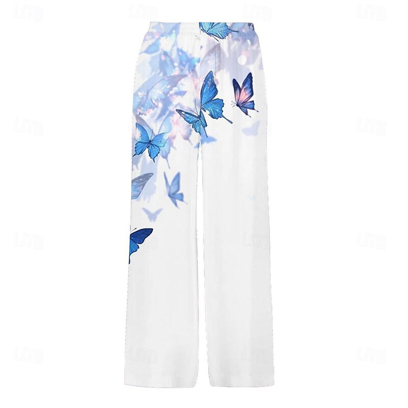 Men's Butterfly Trousers Mid Waist Holiday Casual Summer Spring 3D Print Lake blue Black Royal Blue2