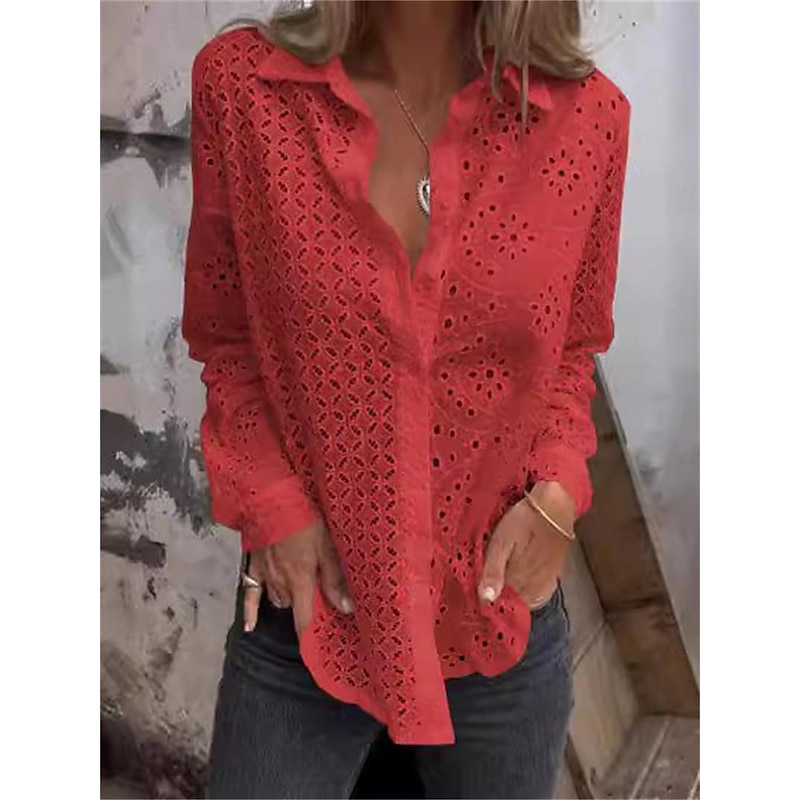 Women's White Elegant Lace Tops Eyelet Blouse Plain Button Cut Out Street Daily Fashion Shirt Collar Regular Fit Romantic Petite Tops Summer Holiday Wear Black White Red2