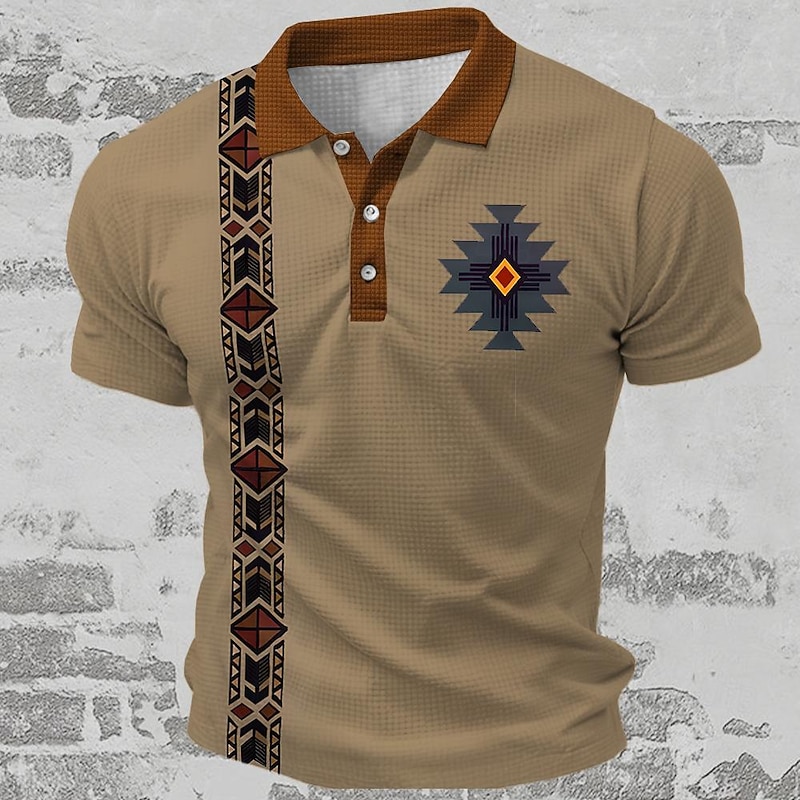 Men's Tribal Waffle Polo Shirts Golf Shirt Short Sleeve Polo Shirts Collared Shirts Vintage Casual Vacation Wear Party Outfits Buttons 3D Print Summer Spring Blue Green Khaki