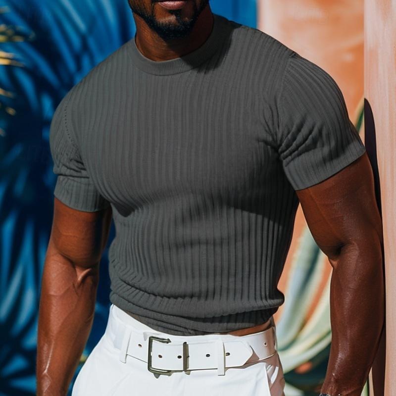 Men's Short Sleeve Shirt Muscle Shirt Ribbed Knit tee Tee Top Short Sleeve Crew Neck Summer Spring & Summer Solid Color Pit Strip Sports Daily Ribbed Outdoor Casual Dark Grey White Royal Blue Top Tee3