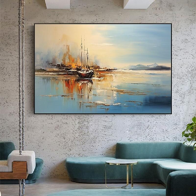 Abstract Coastal Landscape Oil Painting on Canvas Large Wall Art Original Blue Sailboat Art painting Ocean Art Custom Painting for Living Room bedroom wall Decor2