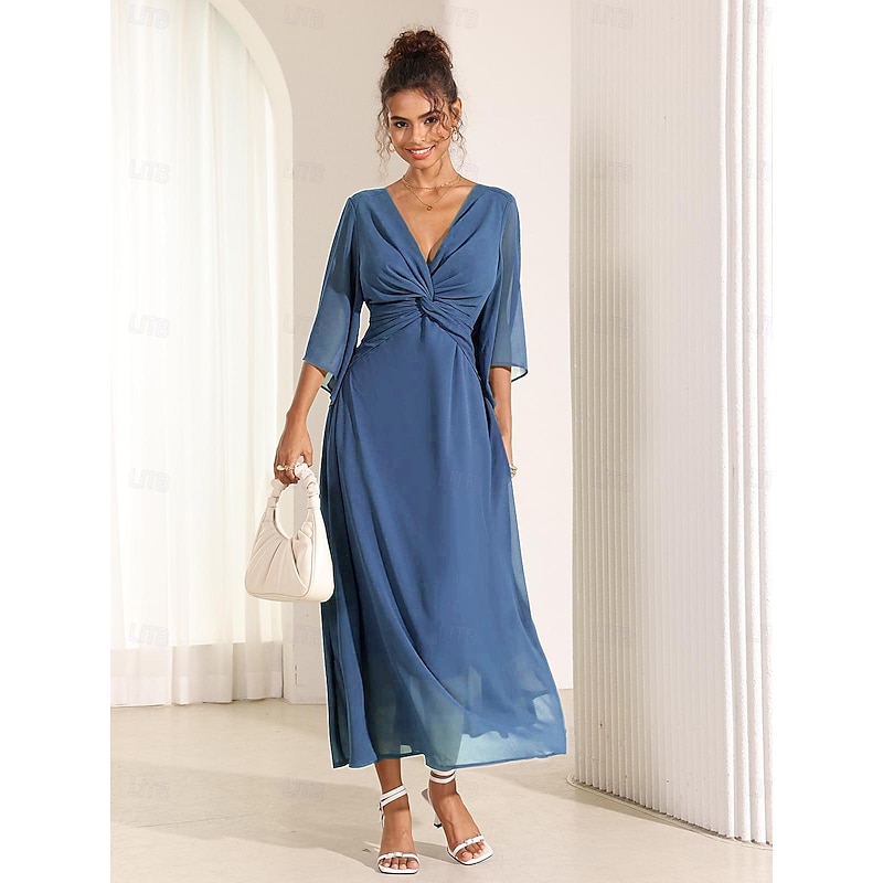 Women's Wedding Guest Cocktail Dress Chiffon Plain Ruffle Twisted Elegant Summer Maxi Dress V Neck Flared 3/4 Length Sleeve3