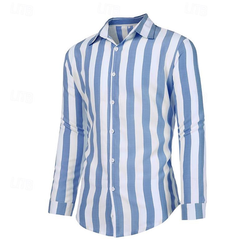 Men's Shirt Summer Shirt Casual Shirt Beach Shirt Button Up Shirt Striped Shirts Black Blue Gray Long Sleeve Stripes Turndown Vacation Hawaiian Button-Down Clothing Apparel Polyester Fashion Casual2