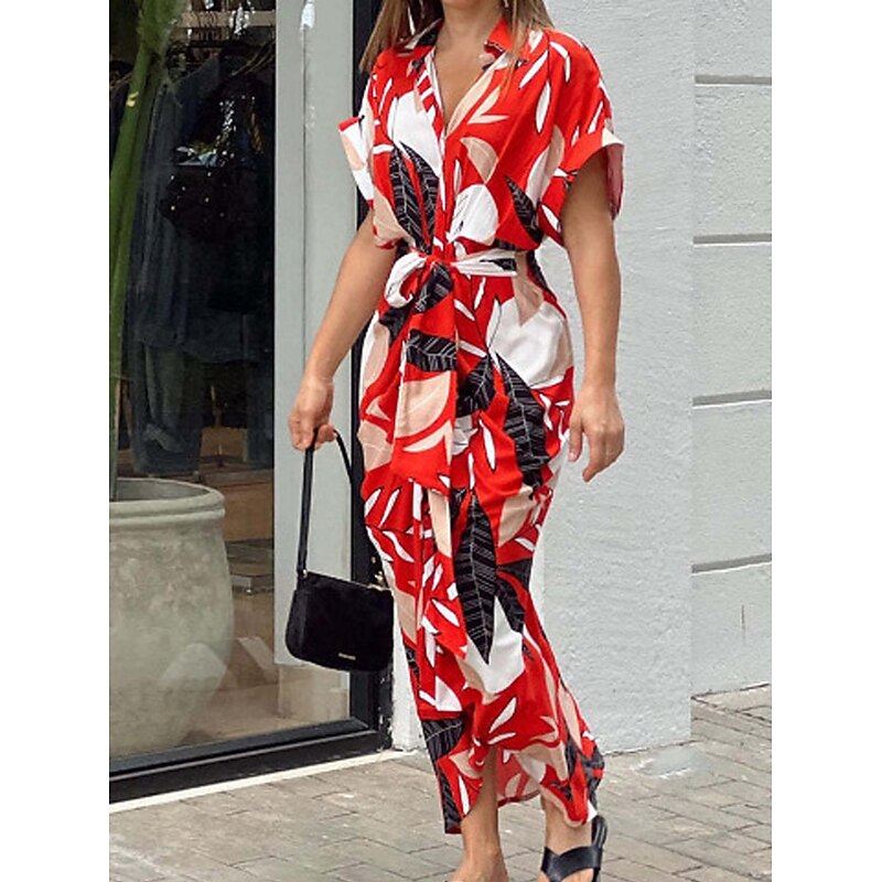 Women's T Shirt Dress Summer Dress Print Dress Floral Leaf Ruched Button Shirt Collar Long Dress Maxi Dress Elegant Fashion Work Daily Short Sleeve Regular Fit Yellow Pink Red Summer Spring S M L XL4