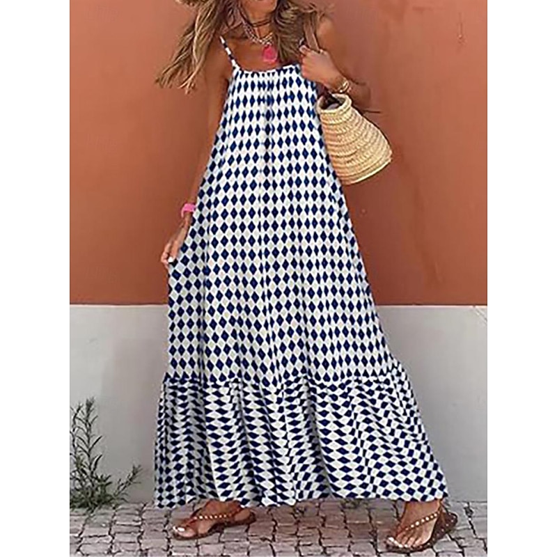 Women's Casual Dress Swing Dress Slip Dress Geometric Plaid Backless Print Strap Long Dress Maxi Dress Stylish Casual Daily Date Sleeveless Summer 7