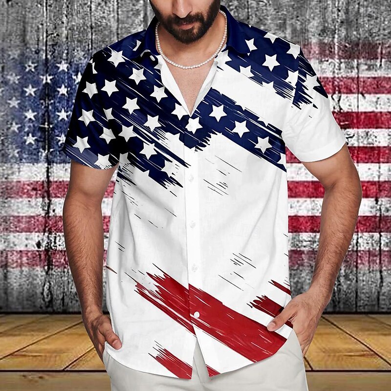 American Independence Day Men's Flag American Flag Button Up Shirt Printed Shirts Short Sleeve Casual Vacation Daily Evening Party Summer Turndown Collared Shirts Button Up 3D Print White