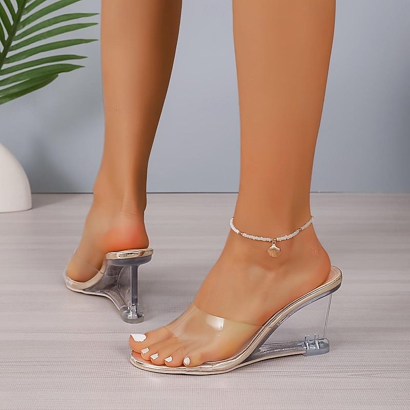 Women's Transparent Open-Toe Wedge Heels with Clear Acrylic Design – Stylish, Comfortable Heeled Sandals for Summer, Beach & Party