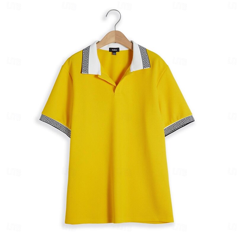 Men's Waffle Polo Shirts Business Polo Work Casual Lapel Ribbed Polo Collar Short Sleeve Modern Old Money Style Color Block Patchwork Pocket Spring & Summer Regular Fit Light Yellow Dark red Black2
