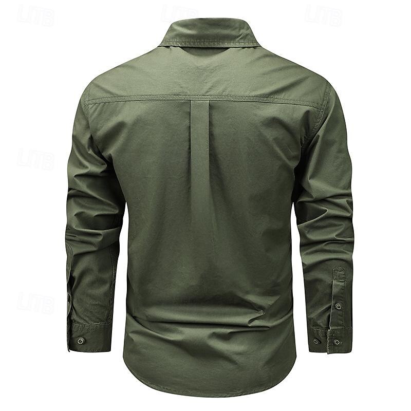 Men's Shirt Workwear Shirts Casual Shirt Work Shirt Button Up Shirt Cargo Shirt Black khaki Army Green Long Sleeve Plain Turndown Vacation Holiday Front Pocket Clothing Apparel Fashion Casual 7