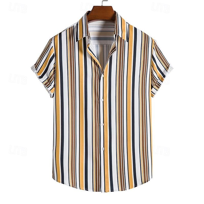 Men's Shirt Summer Shirt Casual Shirt Beach Shirt Button Up Shirt Striped Shirts Light Yellow Yellow Pink Orange Short Sleeve Stripe Turndown Vacation Hawaiian Clothing Apparel Polyester Fashion4