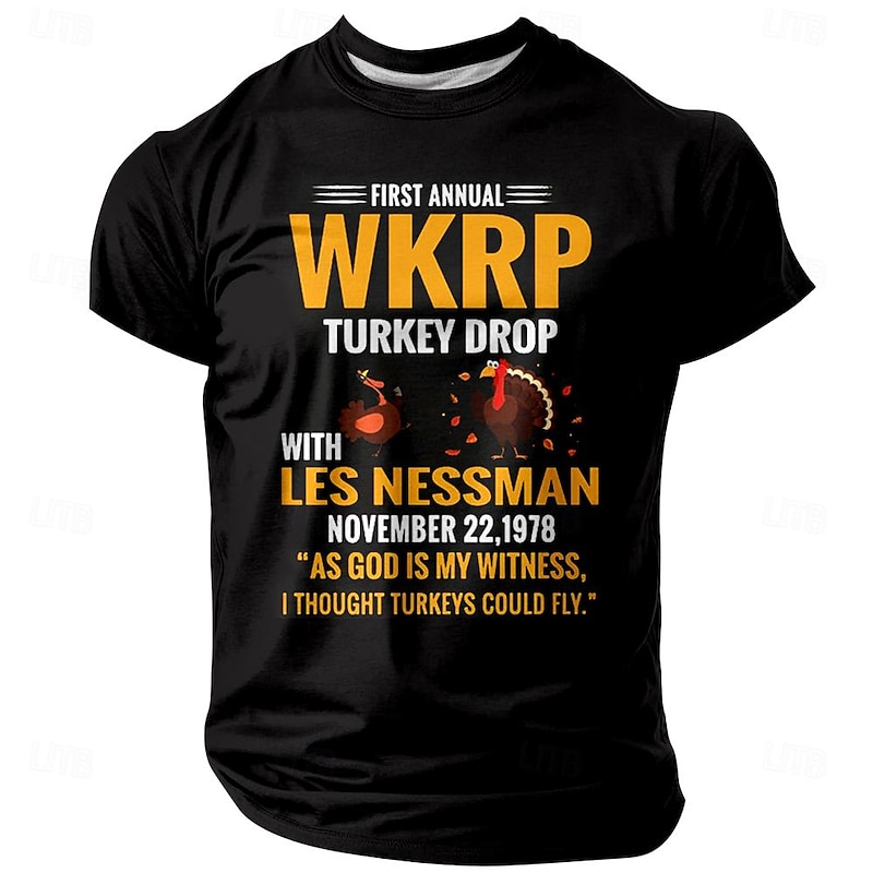Men's T-Shirt WKRP Turkey Drop Les Nessman 'As God Is My Witness, I Thought Turkeys Could Fly' Funny Graphic Tee 1978