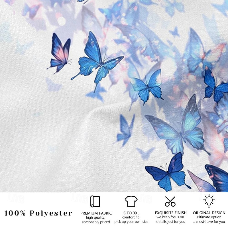 Men's Butterfly Trousers Mid Waist Holiday Casual Summer Spring 3D Print Lake blue Black Royal Blue3