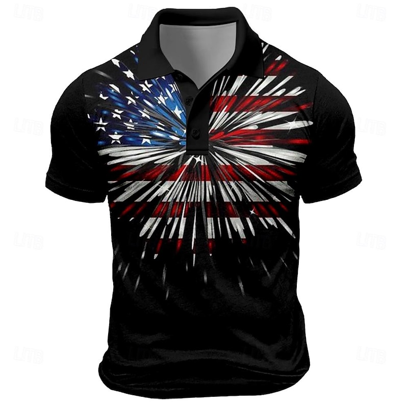 American Independence Day Men's American Flag Veterans Polo Shirts Golf Shirt Short Sleeve Polo Shirts Collared Shirts Streetwear Vacation Wear Party Outfits Buttons 3D Print Spring & Summer Black
