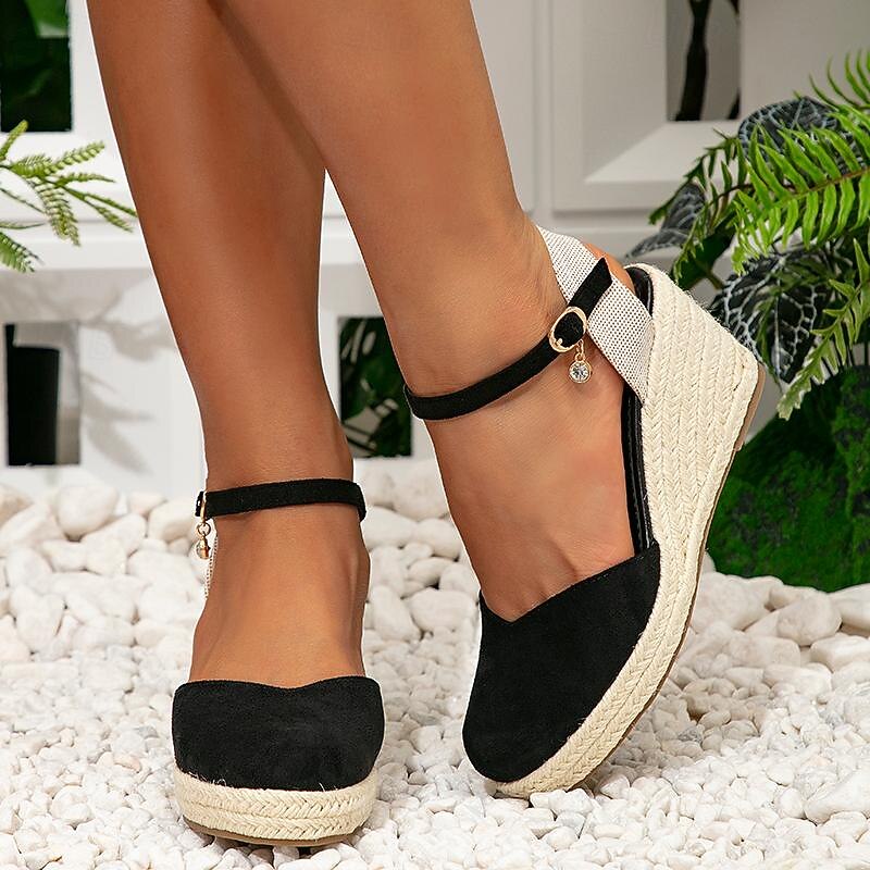 Women's Sandals Lace Up Sandals Strappy Sandals Boho Bohemia Beach Wedge Sandals Vacation Beach Wedge Bohemia Faux Suede Ankle Strap Almond Black2