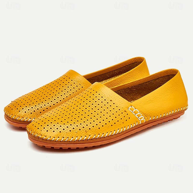 Men's Yellow Perforated Leather Slip-On Loafers with Hand-Stitched Detailing - Casual Breathable Driving Shoes for Summer2