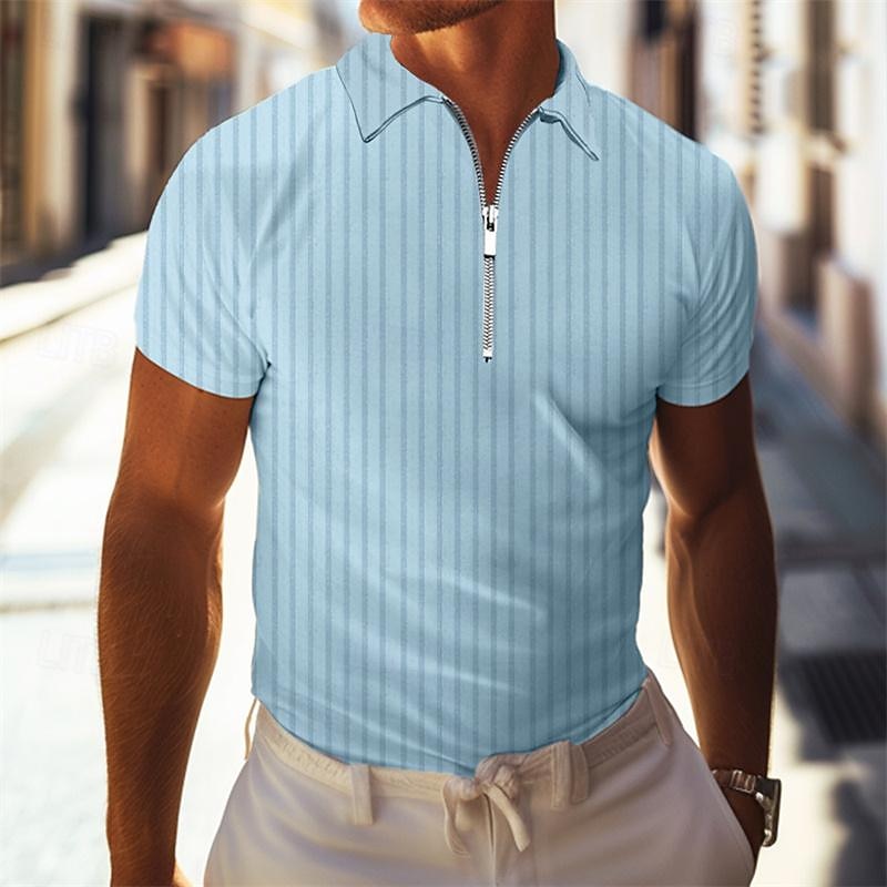 Men's Quarter Zip Polo Golf Shirt Daily Holiday Turndown Short Sleeve Fashion Basic Stripes Spring & Summer Regular Fit Red Khaki Light Sky Blue Gray Quarter Zip Polo