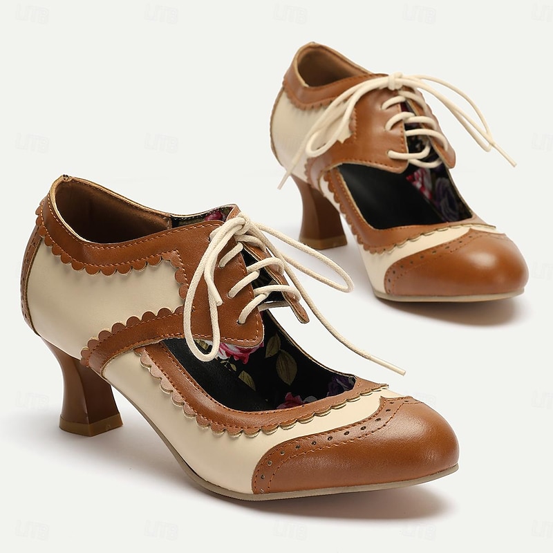 Vintage Oxford Lace-Up Women's Brogue Heels – Two-Tone Retro Style Shoes with Elegant Floral Insole and Kitten Heel for Formal and Casual Occasions2