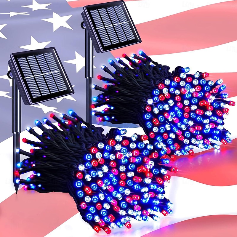1pc Outdoor Solar String Lights, 22FT~98FT Red White Blue Christmas Holiday Garden Waterproof Decor Lights Independence Day Fourth of July Halloween Lights 50/100/200/300LEDs