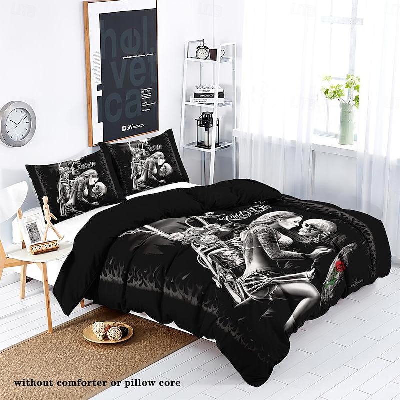 100% Cotton Floral Skull Knight 3 Piece Quilt Cover Set Human Skeleton Couple Printed Bedding Set 3 Piece Suitable for Couples and Adults Gothic Quilt Cover Set Super Soft Breathable Short Fluff Bedding Set Light2