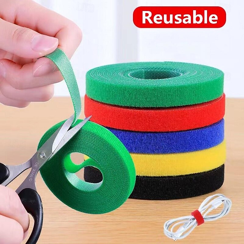 Reusable Cable Ties Roll, 3M Length, 10mm Width, Nylon Fastening Straps with Dual-Sided Hook Loop, Wire Organizer for USB Cables, Cord Wrangler, Self-Cutting Zip Ties for Electronics, Mouse, Earphone, Cord Protectors3