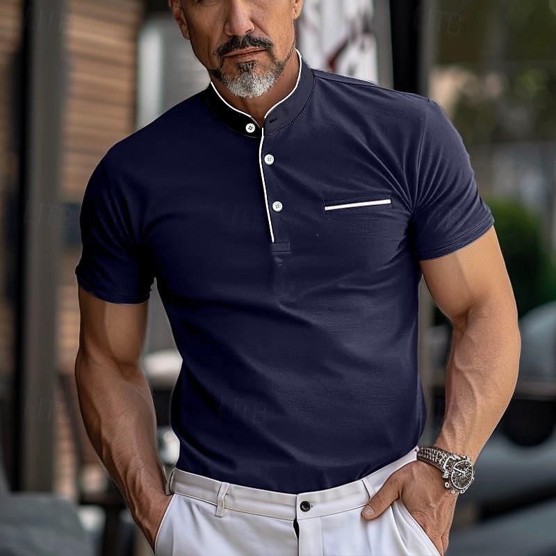 Men's Collarless Golf Shirts Banded Collar Shirt Work Business Stand Collar Mandarin Collar Short Sleeve Fashion Basic Solid Color Plain Button Summer Regular Fit Navy Black White Burgundy Collarless