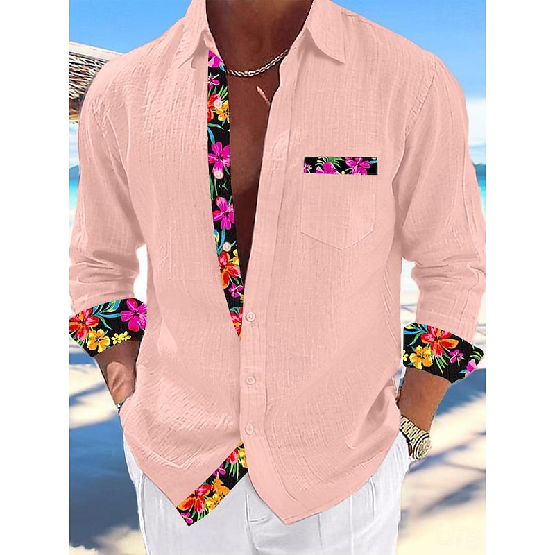 Men's Shirt Linen Shirt Summer Shirt Beach Wear Button Up Shirt Plain Vacation Curise Black White Pink Blue Long Sleeve Collar Spring & Summer Clothing Apparel4