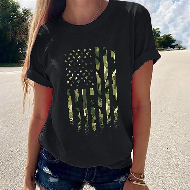 Women's T Shirt USA Casual Short Sleeve Round Neck Regular Tops Vacation Independence Day Print Black White Green Gray Summer4