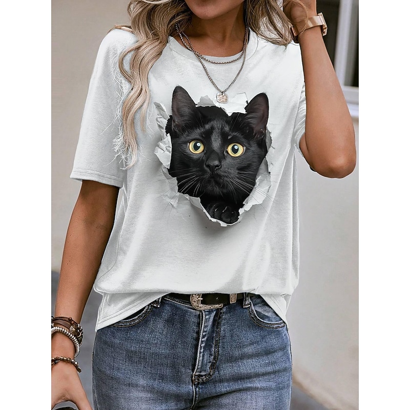 Women's T Shirt Casual Short Sleeve Round Neck Cat 3D Print Illusion Graphic Novelty Tee White Breathable Soft Comfortable Summer Daily Wear Pet Lovers Clothing2