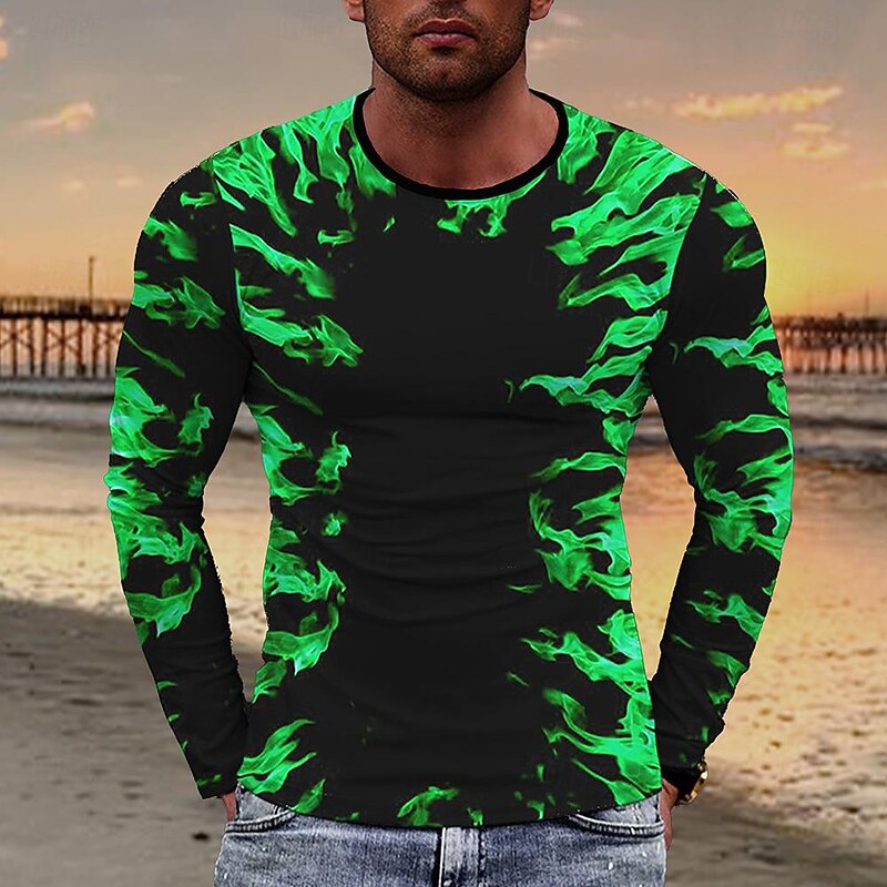 Men's Geometric Flame T Shirt Long Sleeve T shirt 3D Print Shirt Fashion Exaggerated Designer Vacation Street Sports Black / Green Summer Spring Clothing Apparel S M L XL XXL XXXL