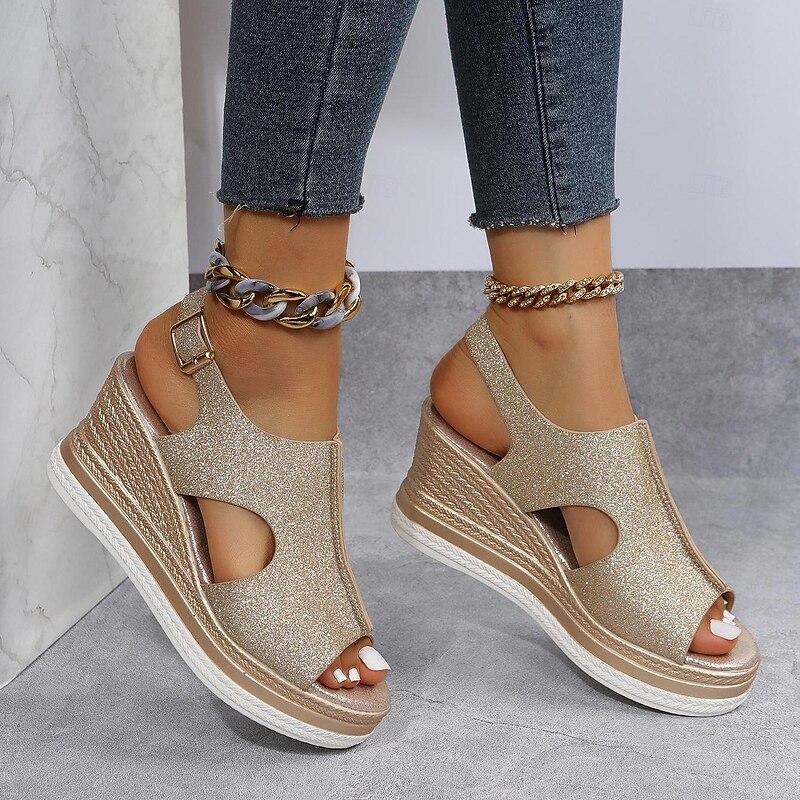 Women's Glitter Wedge Sandals – Open-Toe Design with Cut-Out Details, Adjustable Strap, and Platform Sole, Perfect for Summer Parties and Casual Outings4