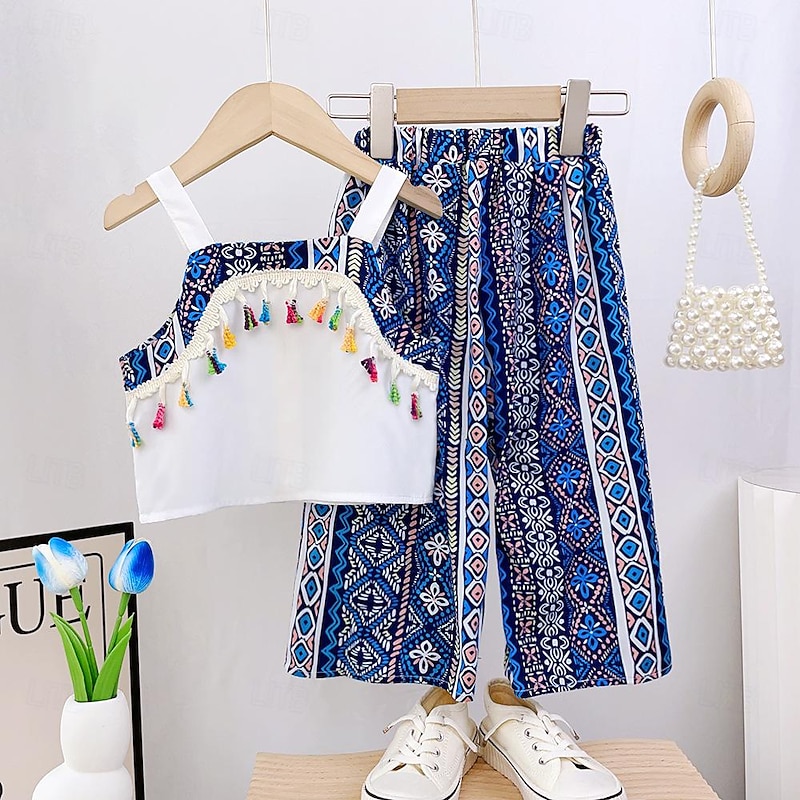 Summer Girl Ethnic Set Lace Lace Lace Collar Sling Top Geometric Printed Wide Leg Pants  Two Piece Set