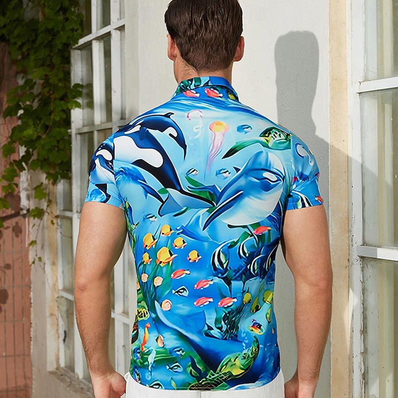 Men's Scenery Tropical Fish Shirt Summer Hawaiian Shirt Camp Collar Shirt Short Sleeve Shirt Turndown Fashion Hawaiian Designer Outdoor Street Casual Black Navy Blue Royal Blue 3D Print S M L2