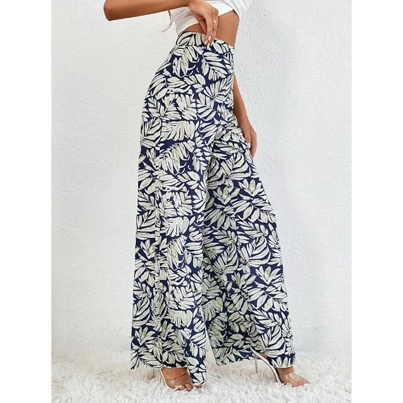 Women's Wide Leg Pants Trousers Casual Daily Long Leaf Wide Leg Print Breathability Comfortable Micro-elastic Going out Weekend Dark Blue Spring & Summer Regular Fit2