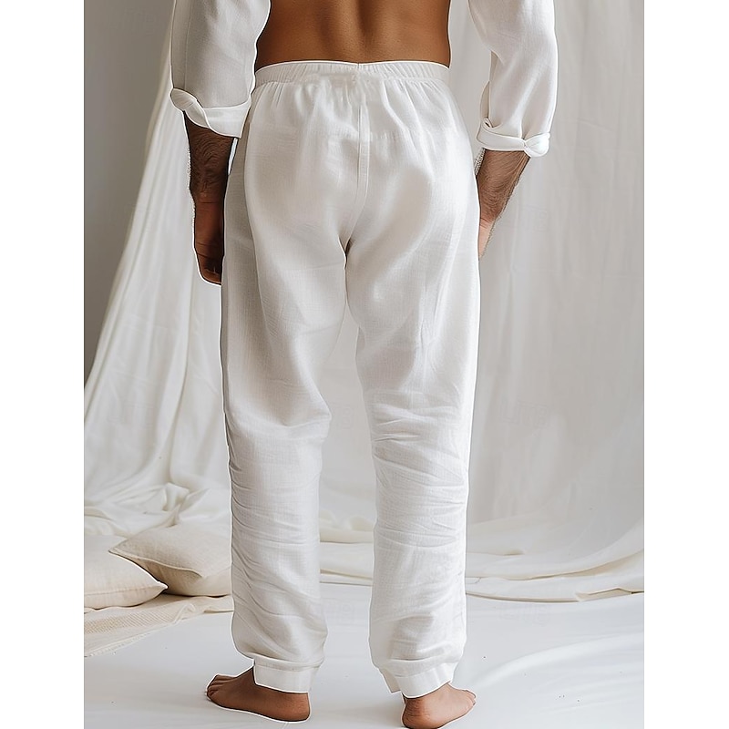 Men's Linen Pants Trousers Summer Pants Drawstring Elastic Waist Plain Comfort Soft Full Length Daily Beach Fashion Simple White Blue Micro-elastic2