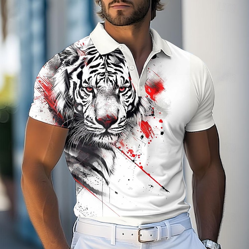 Men's Tiger Polo Shirts Golf Shirt Short Sleeve Polo Shirts Collared Shirts Funny Streetwear Vacation Wear Party Outfits Buttons 3D Print Spring & Summer White