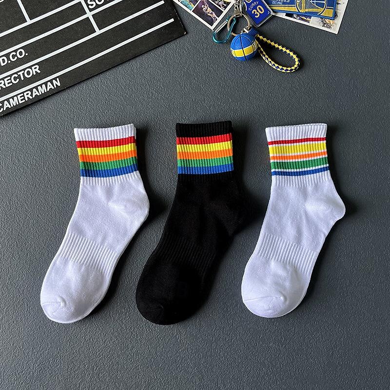 Men's 3 Pack Multi Packs Socks Crew Socks Running Socks Casual Socks White+White+Black Black Color Rainbow Sports & Outdoor Daily Vacation Basic Medium Spring Fall Fashion Casual3