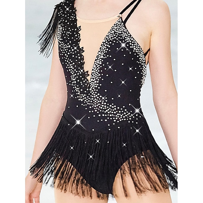 Figure Skating Dress Women's Girls' Ice Skating Dress Black Patchwork Tassel Mesh Spandex Stretchy Training Practice Professional Skating Wear Crystal / Rhinestone Ice Skating Figure Skating