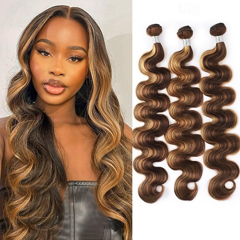 P4/27 Highlight Body Wave Bundles 100% Human Hair Bundles Brown Brazilian Hair Weave Bundle 10-28 inch 3 Remy Hair Bundles