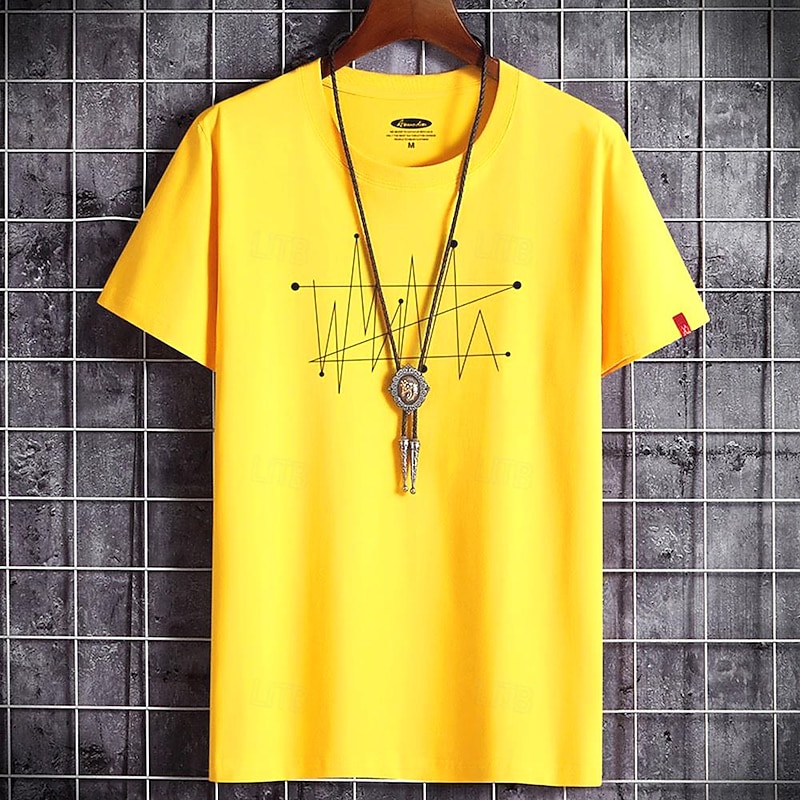Men's Yellow Short Sleeve T-Shirt with Abstract Graphic Print, Casual Crew Neck Top3