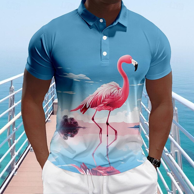 Kentucky Derby Men's Flamingo Hawaiian Polo Shirts Golf Shirt Short Sleeve Polo Shirts Collared Shirts Beach Wear Vacation Wear Tropical Wear Party Outfits Buttons 3D Print Spring & Summer Blue