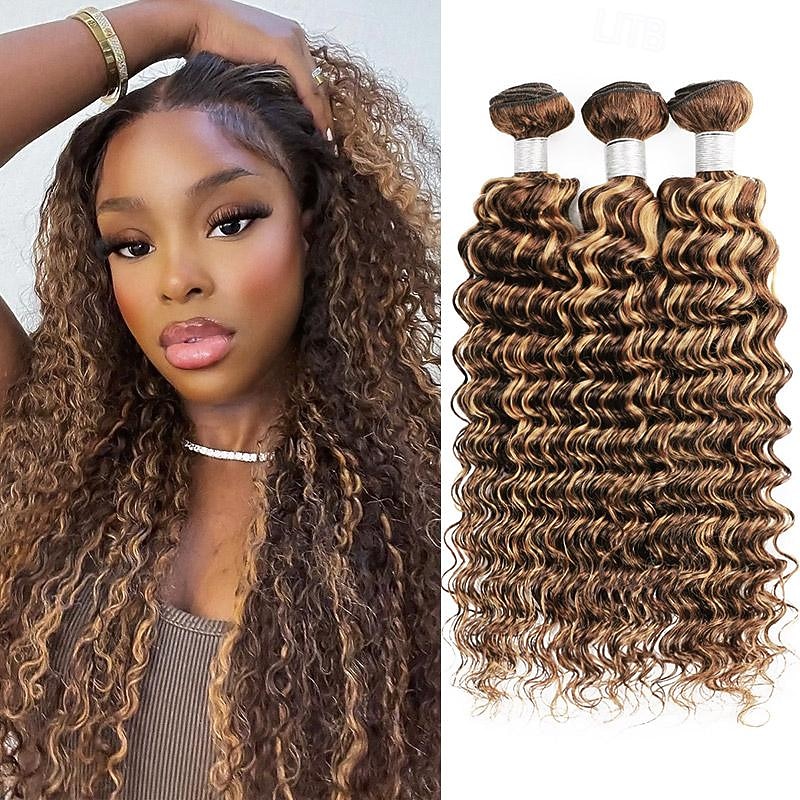 Ishow Highlight Deep Wave Bundles P4/27 Ombre Brown Human Hair Bundles 3/PCS Brazilian Remy Human Hair Extensions For Women