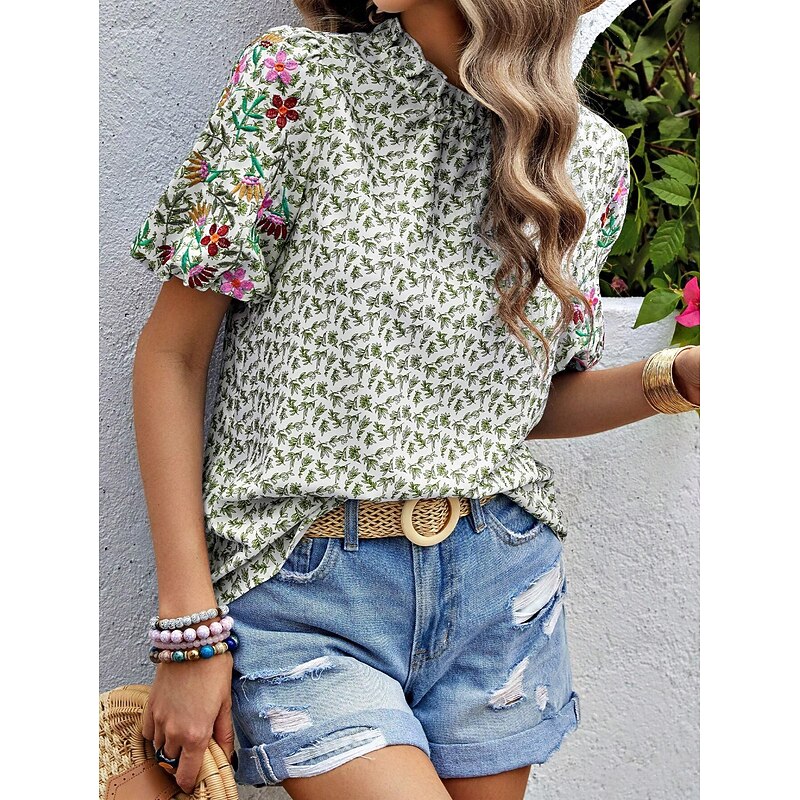 Women's Shirt Blouse Casual Floral Print Short Sleeve Regular Tops Crew Neck Daily Black Pink Blue Green Summer3