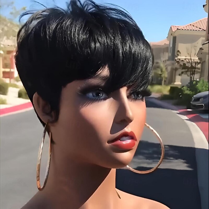Short Bob Pixie Cut Wig for Black Women Human Hair Wig Short Wig for women Full Machine Made Non Lace Front Wig with Bangs Glueless Wig Short Layered Wigs Human Hair Pixie Wigs2