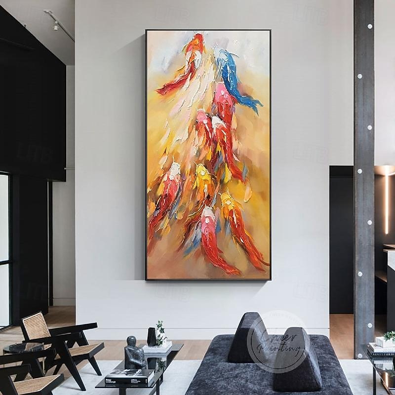 Fancy 9 Koi Fish oil painting  handmade Gold Abstract wall art painting hand painted Fengshui Oil Painting Orange Blue Red fish painting handmade Heavy texture palette knife Acrylic painting for decor2