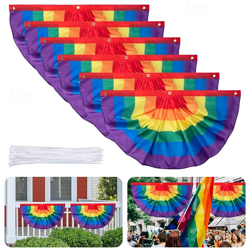 2PCS Rainbow Pride Bunting Flag  Rainbow Gay Pride Pleated Fan Flag Banner for Gay Pride LGBTQ Parades Celebration Outdoor Pride Yard Decorations