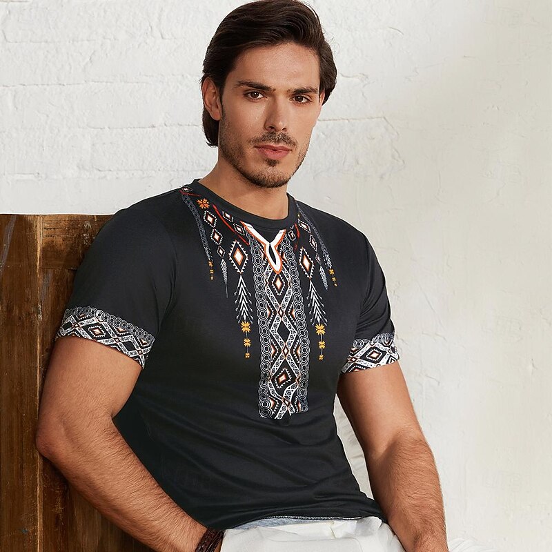 Men's Tribal Bandana Print T Shirt T shirt 3D Print Crew Neck Shirt Vacation Ethnic Athleisure Casual Hiking Black Summer Spring Clothing Apparel S M L XL XXL XXXL4