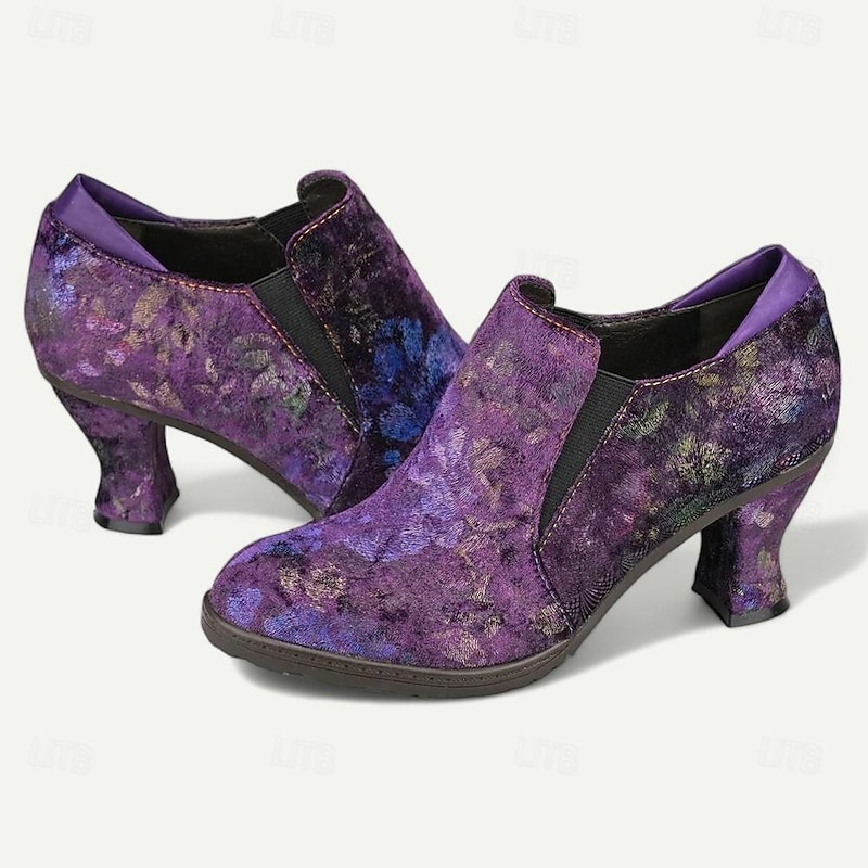 Women's Floral Suede Heeled Ankle Booties – Elegant Vintage Style Slip-On Shoes for Evening Events and Parties3