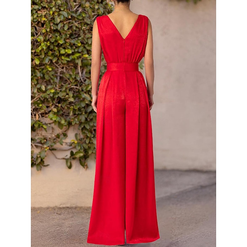 Women's Jumpsuit Pocket Solid Color V Neck Stylish Work Wide Leg Slim Sleeveless  Red Summer2